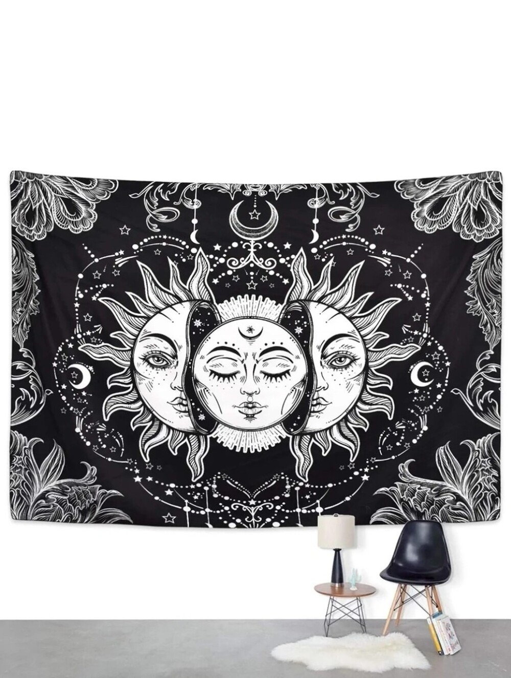 XL Black and White Sun Moon Hippie Celestial Boho Wall Tapestry Bohemian Decor